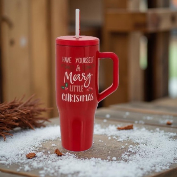 Red Christmas Travel Mug / Red Christmas Tumbler with Straw - Picture 2 of 11